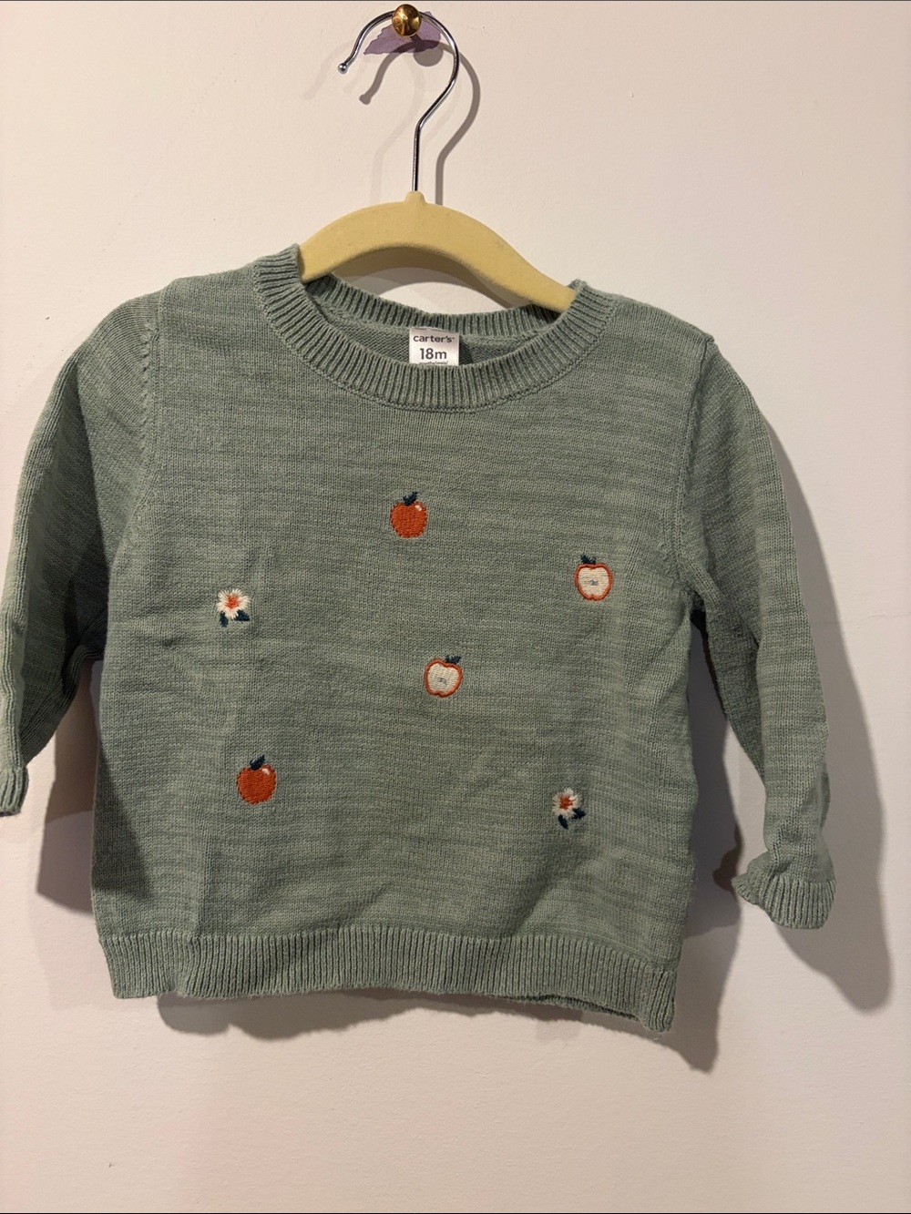 Carter's Sage Green Knit Sweater with Apple Embroidery 18 Months